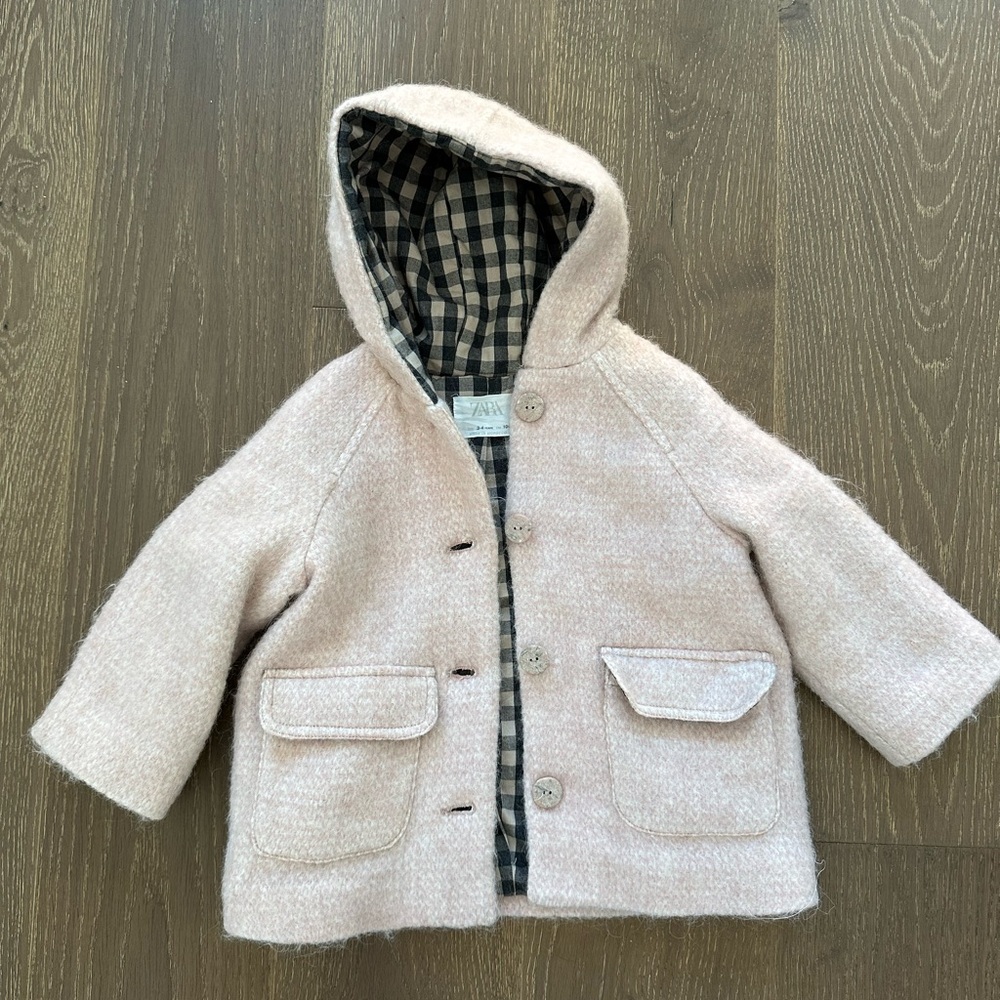 Zara girl Hooded pink gingham coat jacket